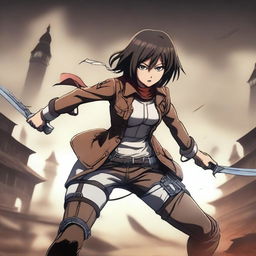 Mikasa Ackerman from Attack on Titan in a dynamic battle stance