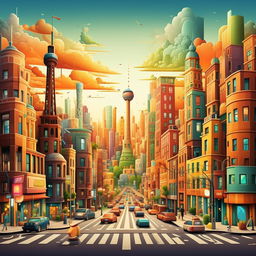 Generate a vibrant cartoon representation of a recognizable city.