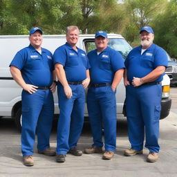 A cheerful team of plumbers proudly posing for a photo, with their fully-equipped work vans visible in the background.