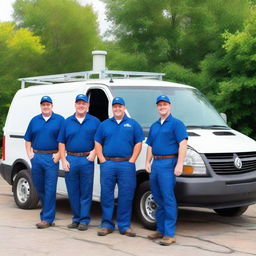 A cheerful team of plumbers proudly posing for a photo, with their fully-equipped work vans visible in the background.