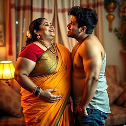 A sensual and playful scene featuring a hot young man leaning in to kiss the navel of a chubby Indian aunt