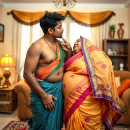 A sensual and playful scene featuring a hot young man leaning in to kiss the navel of a chubby Indian aunt