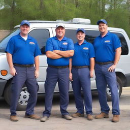 A cheerful team of plumbers proudly posing for a photo, with their fully-equipped work vans visible in the background.