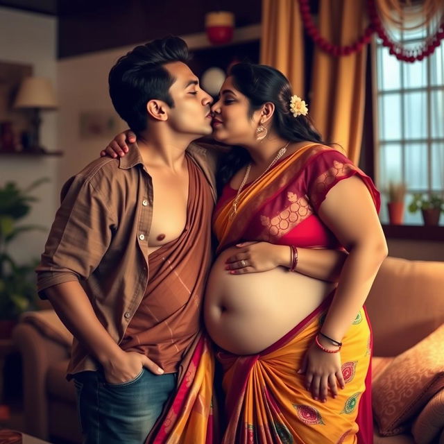 A sensual and playful scene featuring a hot young man leaning in to kiss the navel of a chubby Indian aunt