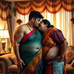 A sensual and playful scene featuring a hot young man leaning in to kiss the navel of a chubby Indian aunt