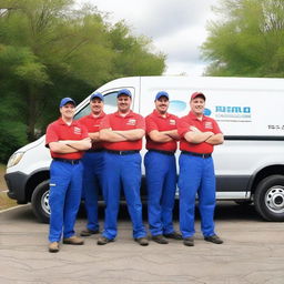 A cheerful team of plumbers proudly posing for a photo, with their fully-equipped work vans visible in the background.