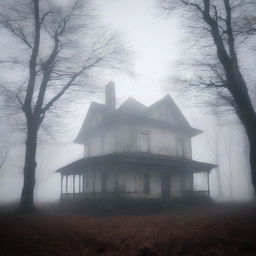 A bleak and haunting image of an old house on the edge of a forest, shrouded in persistent mist.