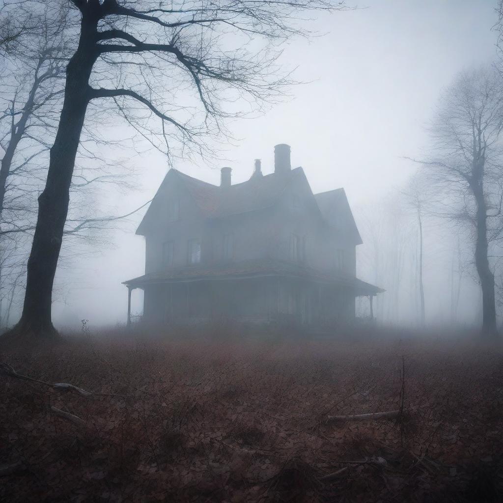 A bleak and haunting image of an old house on the edge of a forest, shrouded in persistent mist.