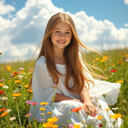 A beautiful girl with long flowing hair, sitting in a sunny meadow filled with vibrant wildflowers