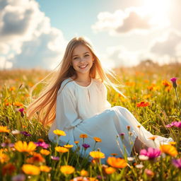 A beautiful girl with long flowing hair, sitting in a sunny meadow filled with vibrant wildflowers