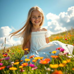 A beautiful girl with long flowing hair, sitting in a sunny meadow filled with vibrant wildflowers