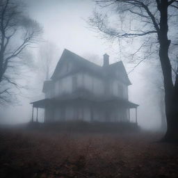 A bleak and haunting image of an old house on the edge of a forest, shrouded in persistent mist.