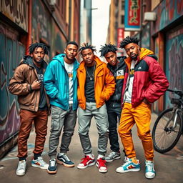 A dynamic street scene featuring a group of stylish young black men showcasing their confident personalities