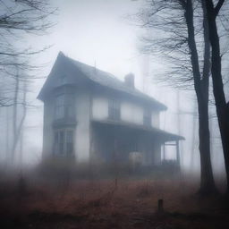 A bleak and haunting image of an old house on the edge of a forest, shrouded in persistent mist.