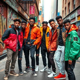 A dynamic street scene featuring a group of stylish young black men showcasing their confident personalities