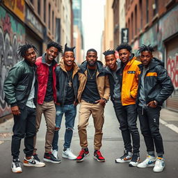 A dynamic street scene featuring a group of stylish young black men showcasing their confident personalities