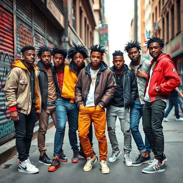 A dynamic street scene featuring a group of stylish young black men showcasing their confident personalities