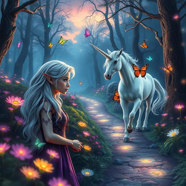 An enchanting fantasy forest setting at twilight, where magical creatures play