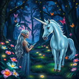 An enchanting fantasy forest setting at twilight, where magical creatures play
