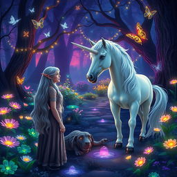An enchanting fantasy forest setting at twilight, where magical creatures play