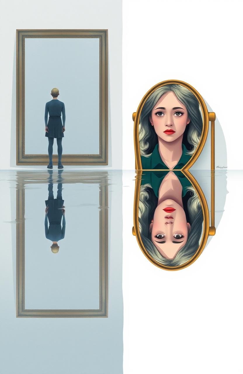 A conceptual artwork illustrating the theme of self-discovery through a mirror and water reflection