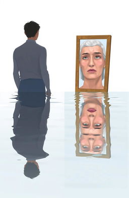 A conceptual artwork illustrating the theme of self-discovery through a mirror and water reflection