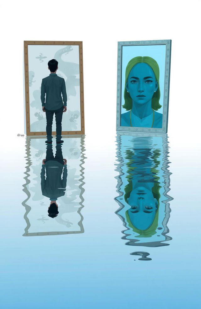 A conceptual artwork illustrating the theme of self-discovery through a mirror and water reflection