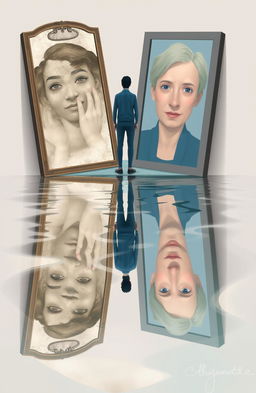 A conceptual artwork illustrating the theme of self-discovery through a mirror and water reflection
