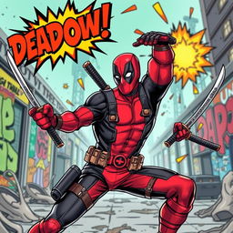 A dynamic and action-packed illustration of Deadpool, the masked antihero, in a vibrant comic book style