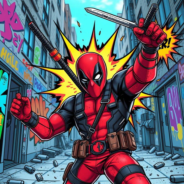 A dynamic and action-packed illustration of Deadpool, the masked antihero, in a vibrant comic book style