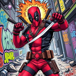 A dynamic and action-packed illustration of Deadpool, the masked antihero, in a vibrant comic book style