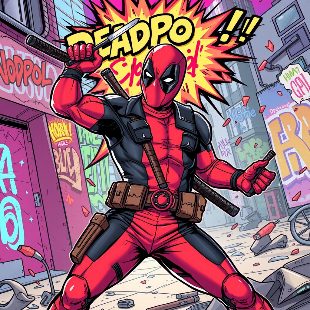 A dynamic and action-packed illustration of Deadpool, the masked antihero, in a vibrant comic book style