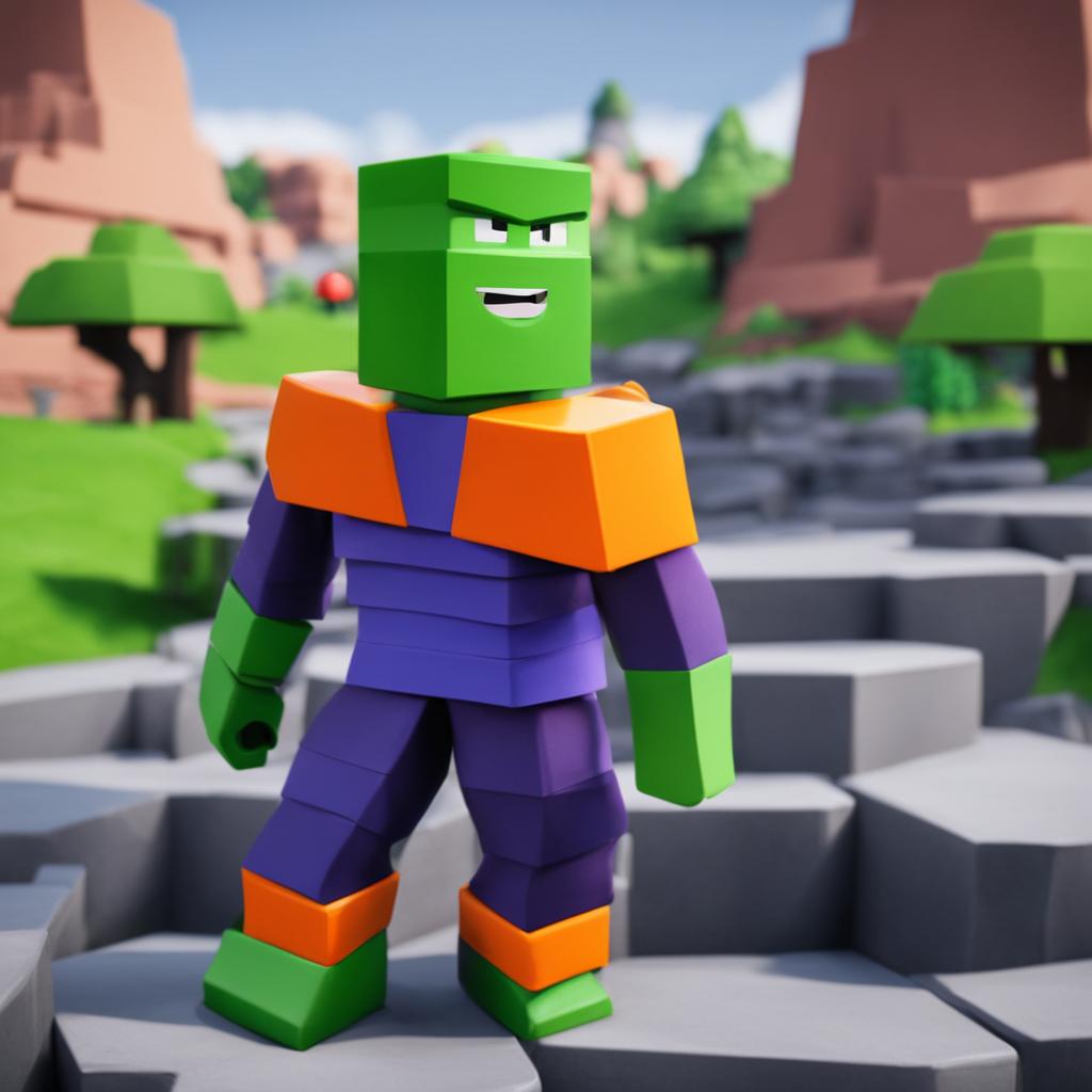 Piccolo from Dragonball as a Roblox character in a blocky landscape.