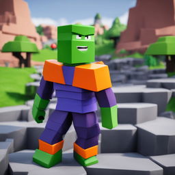 Piccolo from Dragonball as a Roblox character in a blocky landscape.