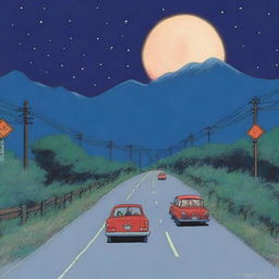 A nighttime scene depicting a highway traffic with red taillights, under a gigantic shimmering full moon in the style of Studio Ghibli