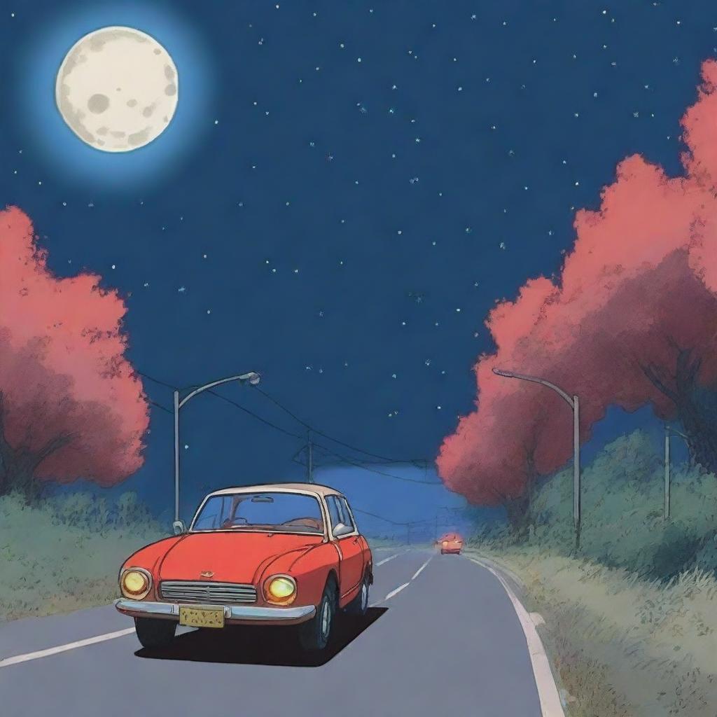 A nighttime scene depicting a highway traffic with red taillights, under a gigantic shimmering full moon in the style of Studio Ghibli