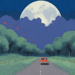 A nighttime scene depicting a highway traffic with red taillights, under a gigantic shimmering full moon in the style of Studio Ghibli