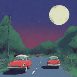 A nighttime scene depicting a highway traffic with red taillights, under a gigantic shimmering full moon in the style of Studio Ghibli