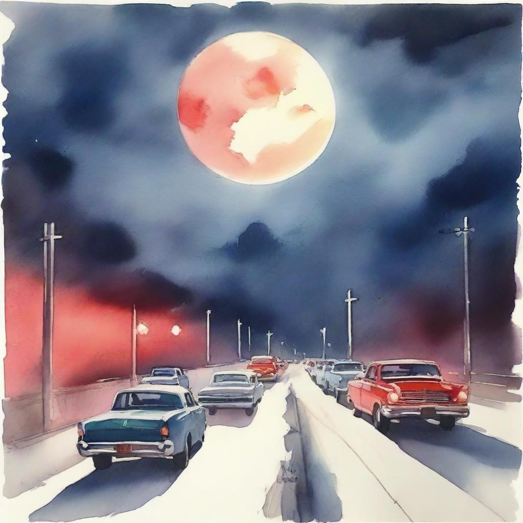 A watercolor painting depicting a nighttime scene featuring a highway with cars lined up, their red lights twinkling, under the radiant glow of a huge, full moon