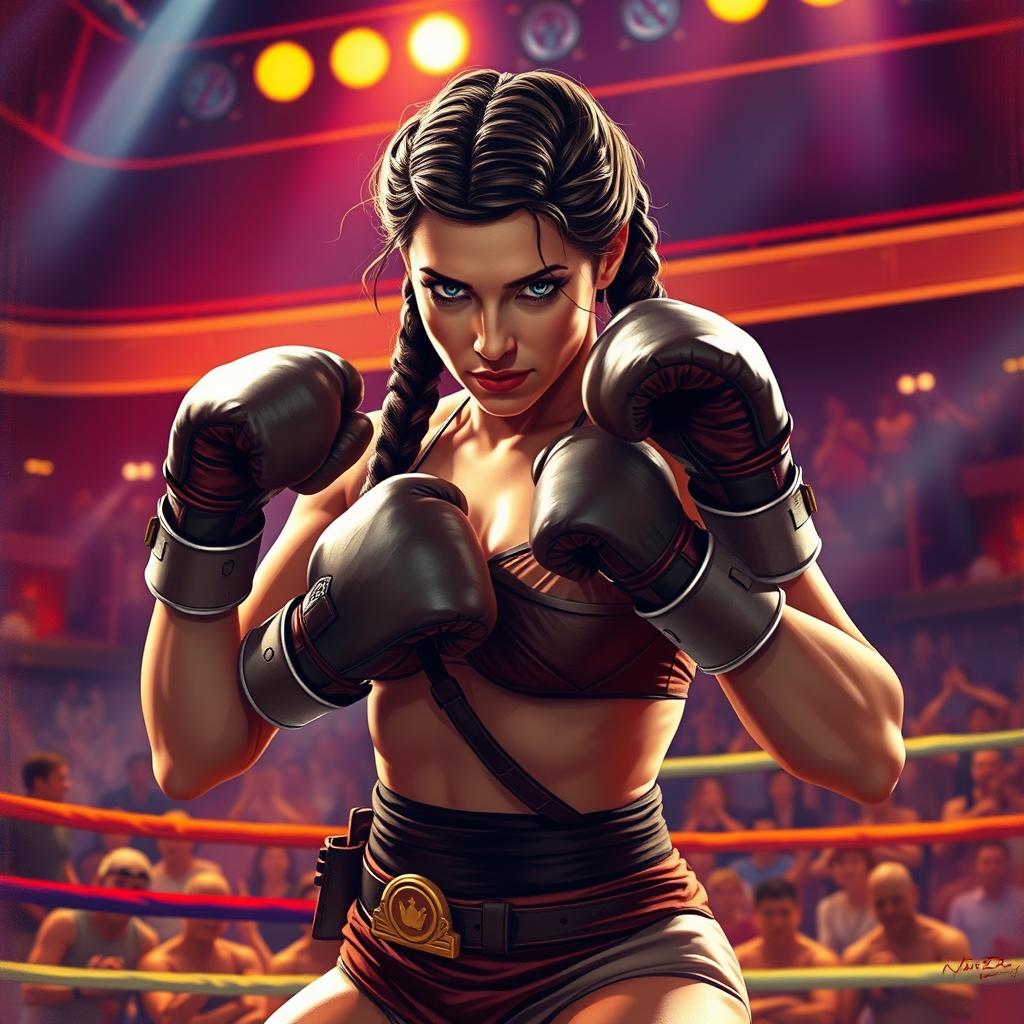 A powerful and fierce depiction of Princess Leia in her iconic slave bikini, engaged in a boxing match