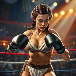 A powerful and fierce depiction of Princess Leia in her iconic slave bikini, engaged in a boxing match