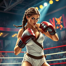 A powerful and fierce depiction of Princess Leia in her iconic slave bikini, engaged in a boxing match