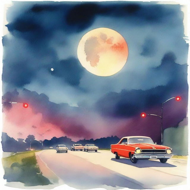 A watercolor painting depicting a nighttime scene featuring a highway with cars lined up, their red lights twinkling, under the radiant glow of a huge, full moon