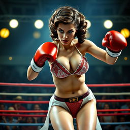 A fictional character resembling Princess Leia, wearing a sexy vintage bikini, engaged in an energetic boxing match