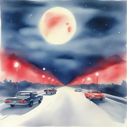 A watercolor painting depicting a nighttime scene featuring a highway with cars lined up, their red lights twinkling, under the radiant glow of a huge, full moon