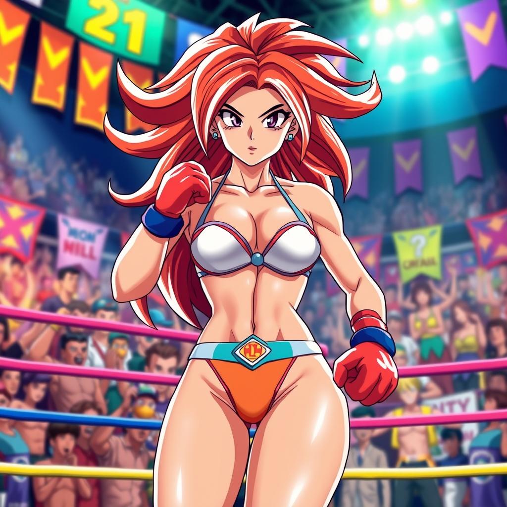 A dynamic scene featuring Android 21 from Dragon Ball Z, in a vibrant and colorful boxing ring