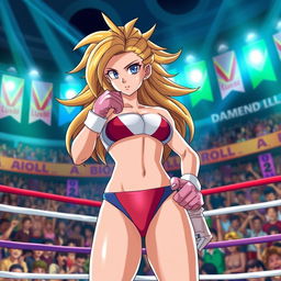 A dynamic scene featuring Android 21 from Dragon Ball Z, in a vibrant and colorful boxing ring