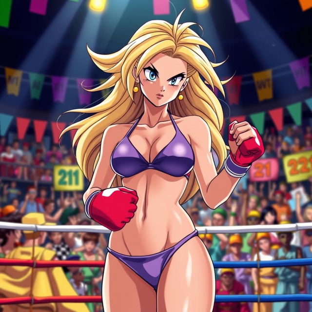 A dynamic scene featuring Android 21 from Dragon Ball Z, in a vibrant and colorful boxing ring