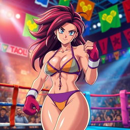 A dynamic scene featuring Android 21 from Dragon Ball Z, in a vibrant and colorful boxing ring