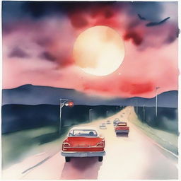 A watercolor painting depicting a nighttime scene featuring a highway with cars lined up, their red lights twinkling, under the radiant glow of a huge, full moon